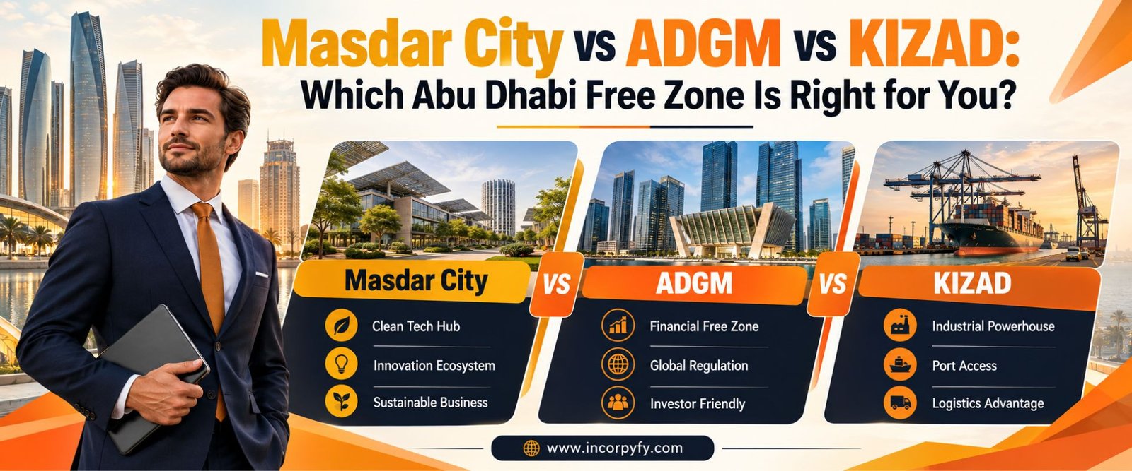 Masdar city vs ADGM vs KIZAD Comparison Guide